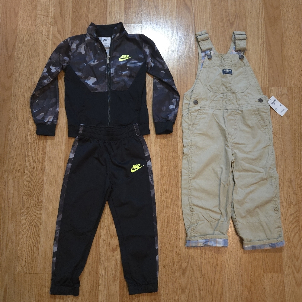 Nike Black and Neon Tracksuit with Tan Oshkosh Overalls